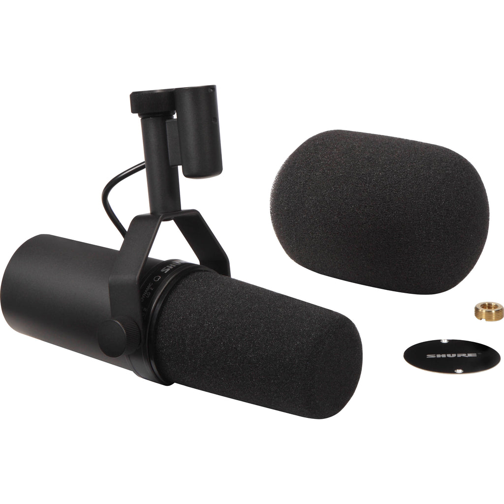Shure SM7B dynamic microphone with a black metal body and windscreen, ideal for professional audio recording and broadcasting.