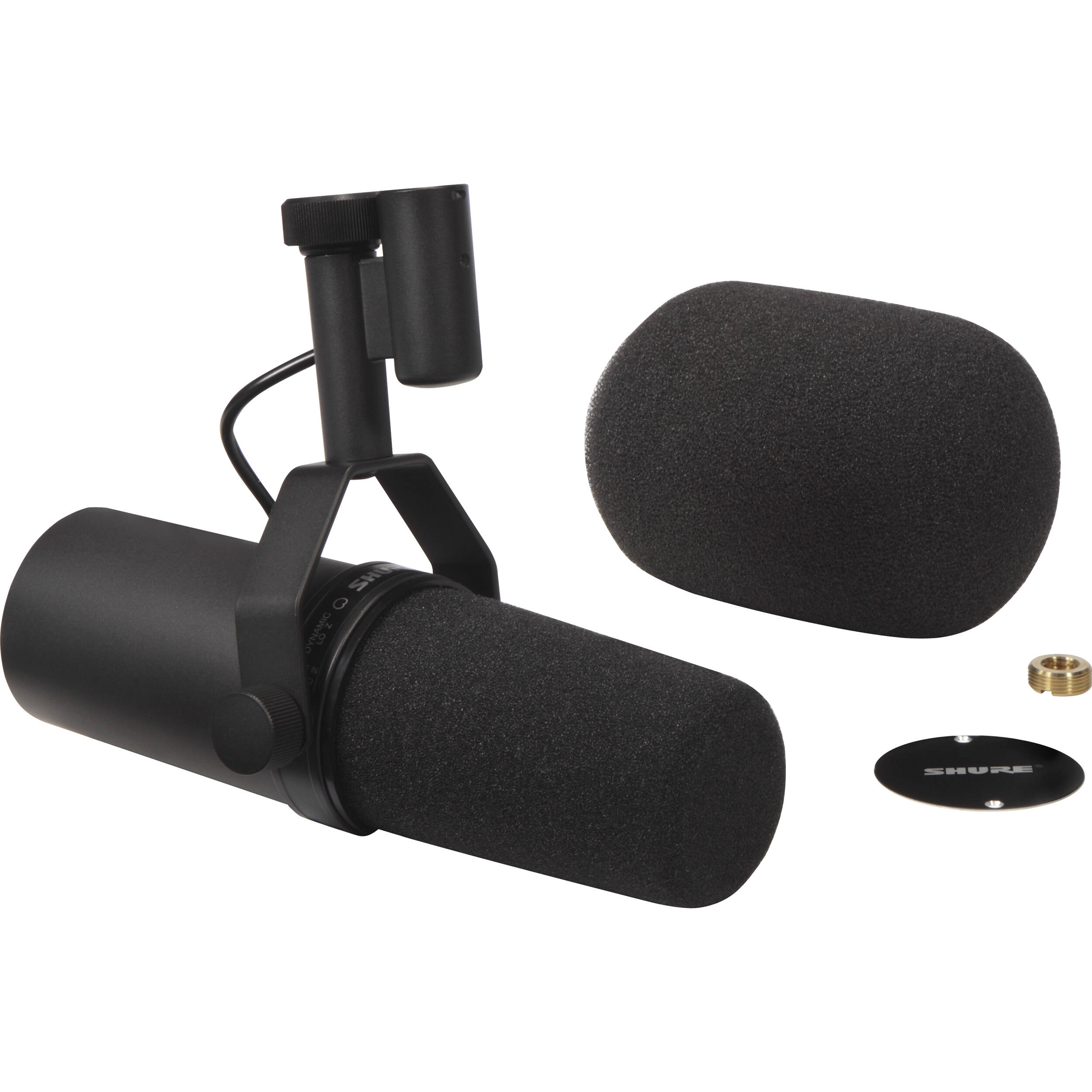 Shure SM7B dynamic microphone with a black metal body and windscreen, ideal for professional audio recording and broadcasting.