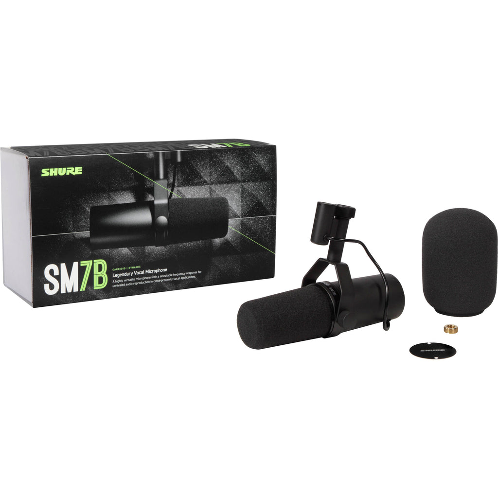 Shure SM7B dynamic microphone with a black metal body and silver grille for professional audio recording and broadcasting.