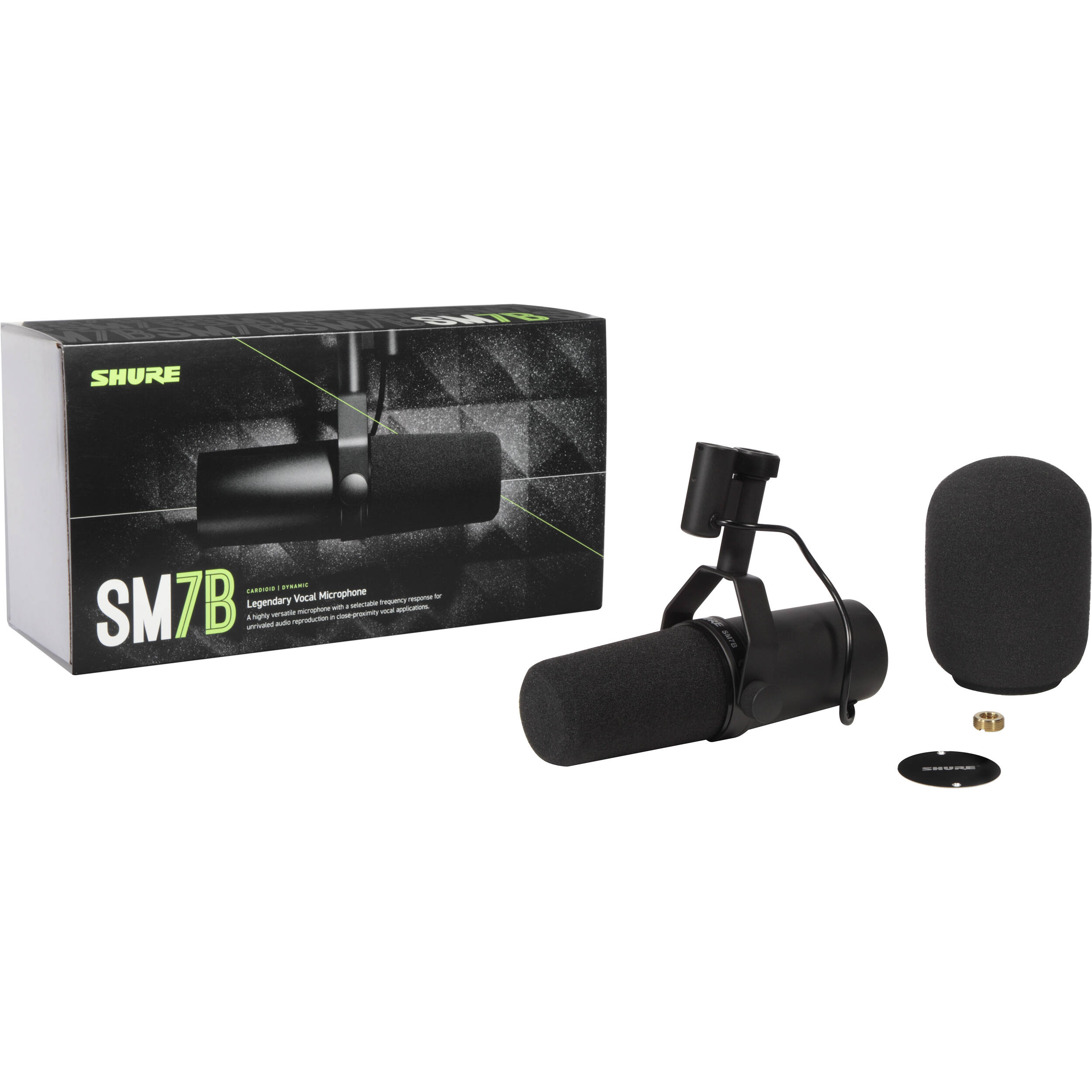 Shure SM7B dynamic microphone with a black metal body and silver grille for professional audio recording and broadcasting.