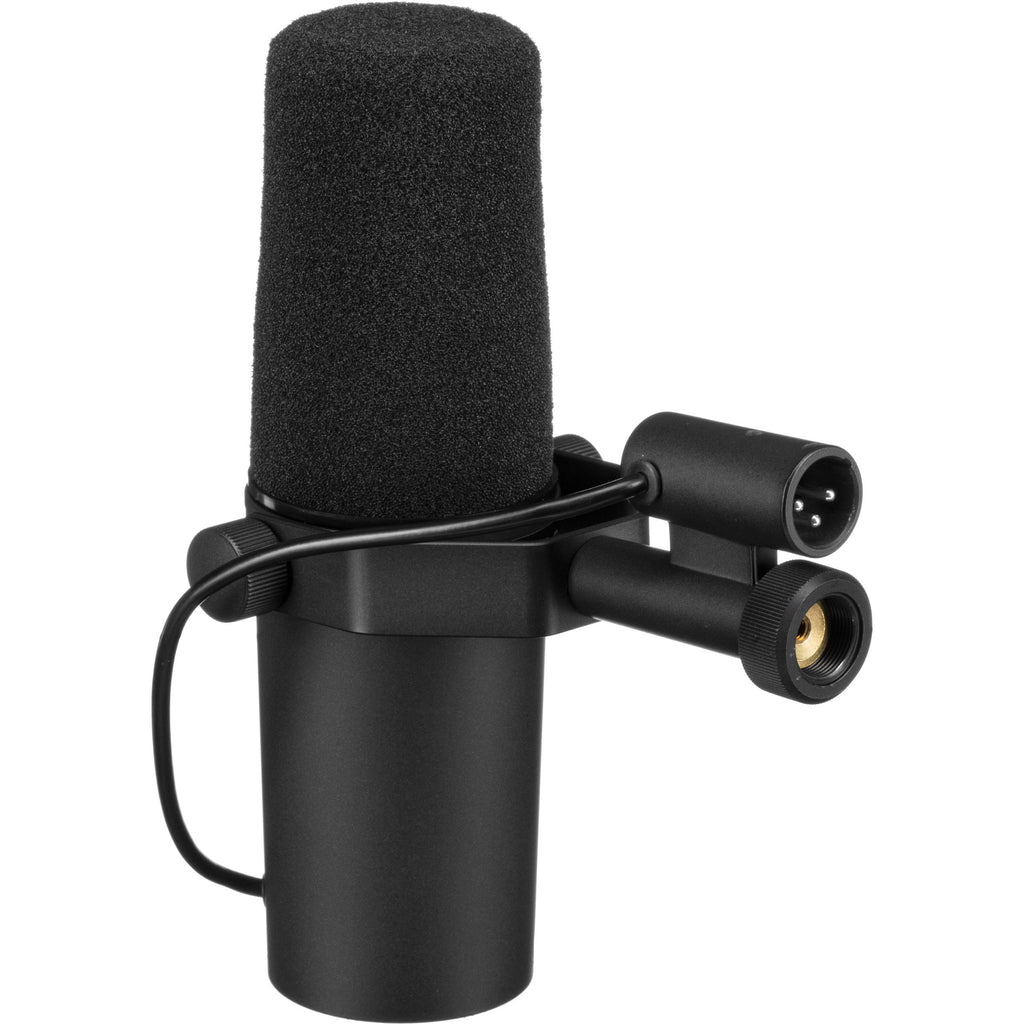 Shure SM7B dynamic microphone with MVX2U XLR-to-USB adapter bundle, showing the microphone and adapter connected together.