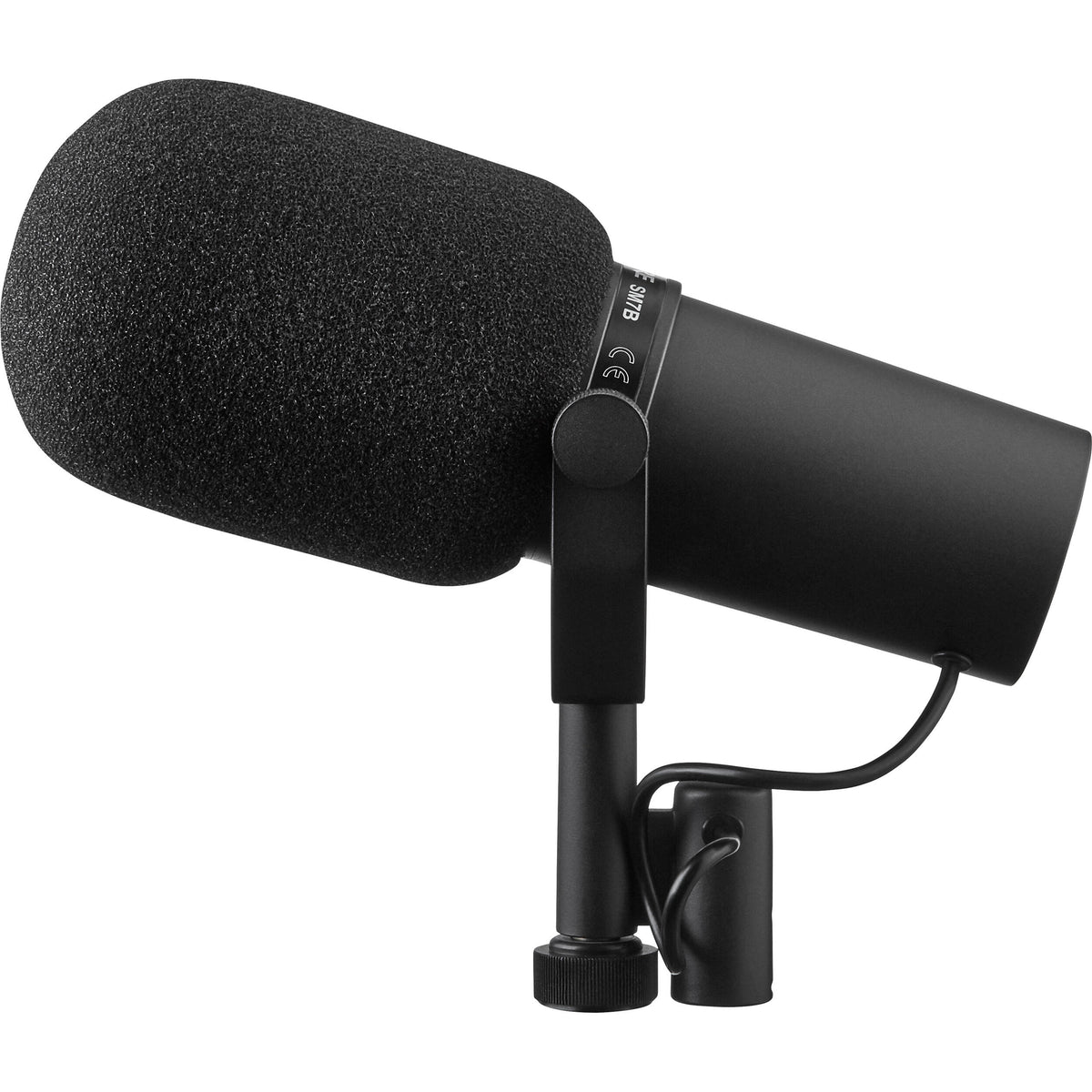 Shure SM7B dynamic microphone, professional audio equipment for vocals and broadcasting, shown with its black metal housing.