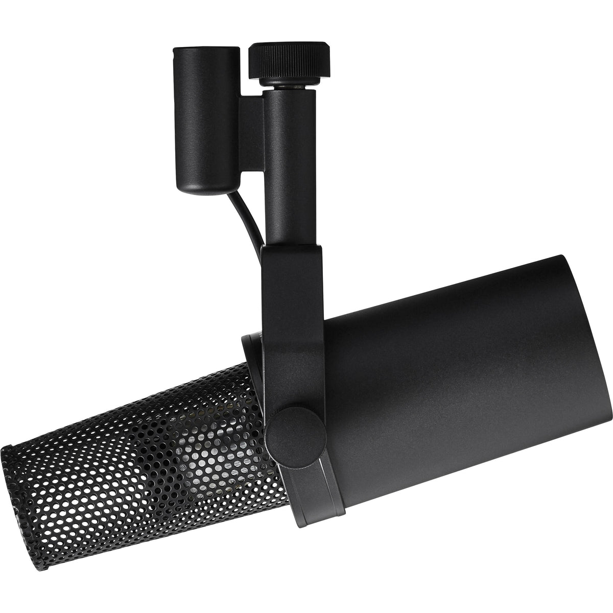 Shure SM7B dynamic microphone with a black cylindrical body and silver grille, used for professional audio recording.