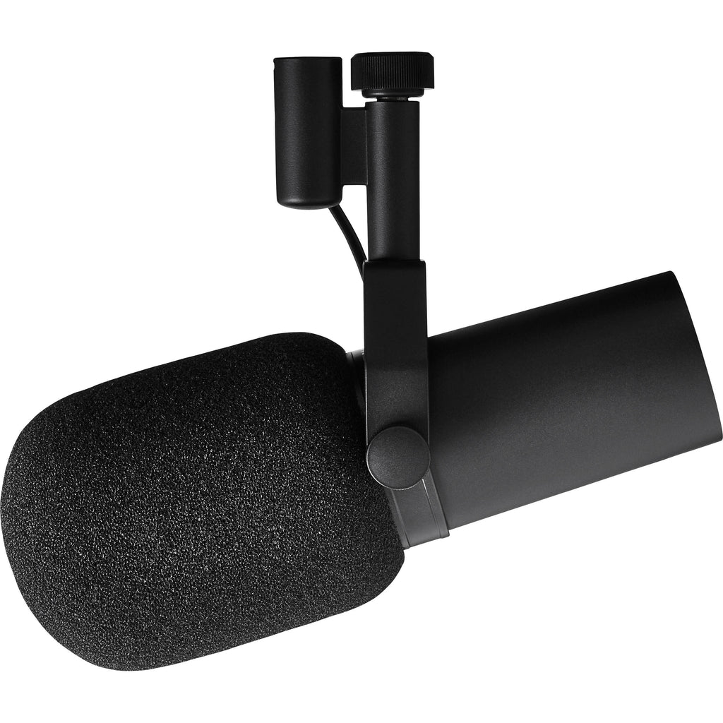 Shure SM7B dynamic microphone mounted on a stand, professional audio equipment for broadcasting and recording.