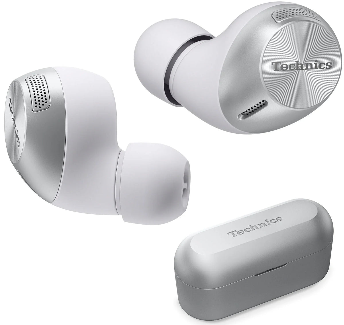 Technics EAH-AZ40M2 wireless in-ear headphones with sleek black earbuds and compact charging case on a white background.