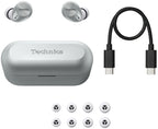 Technics EAH-AZ40M2 wireless in-ear headphones with black earbuds and sleek design, shown on a white background.