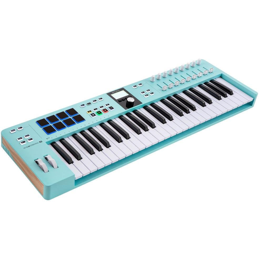 Arturia KeyLab Essential 49 MK3 MIDI keyboard with 49 keys, control knobs, and integrated software interface.