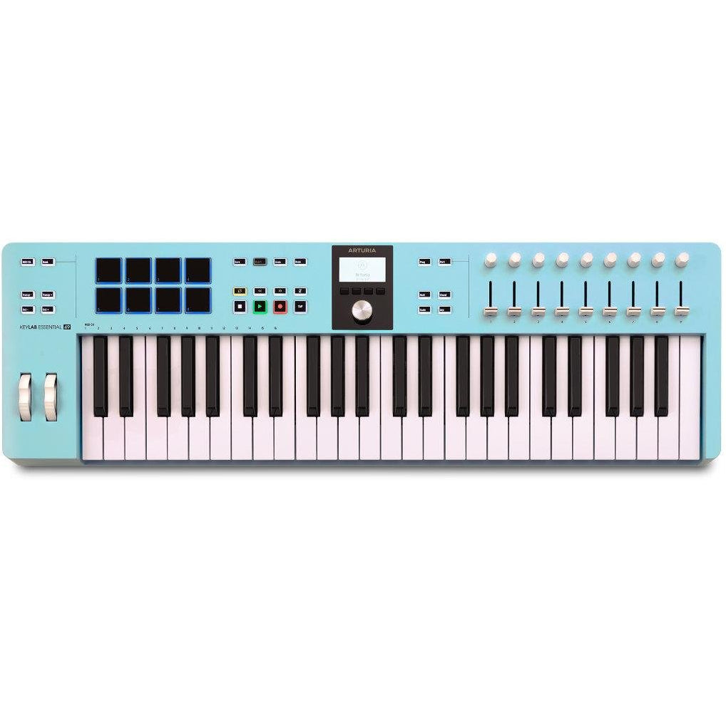 Arturia KeyLab Essential 49 MK3 MIDI keyboard with 49 keys, control knobs, and pitch/mod wheels for music production.