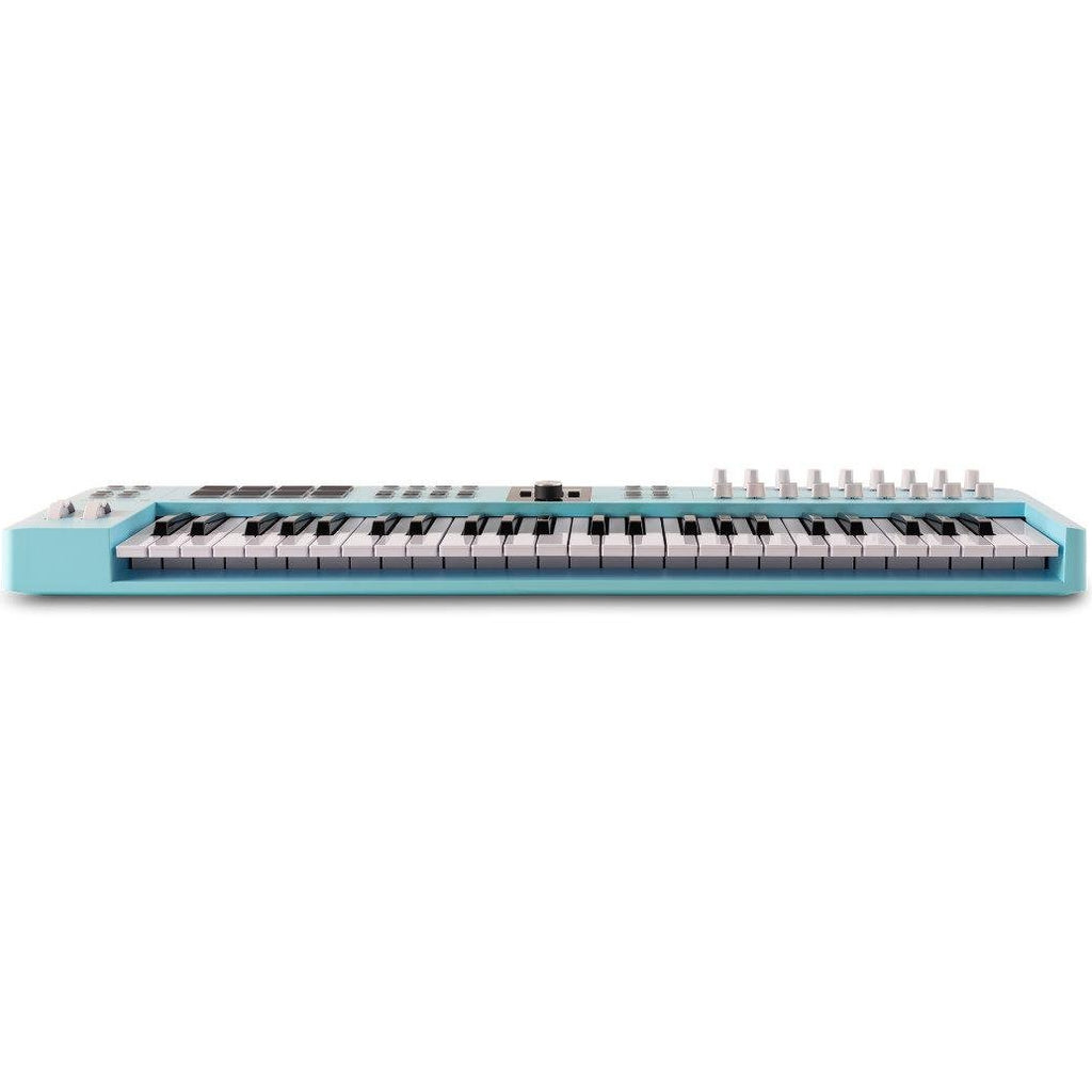 Arturia KeyLab Essential 49 MK3 MIDI keyboard with keys, control knobs, and interface for music production.