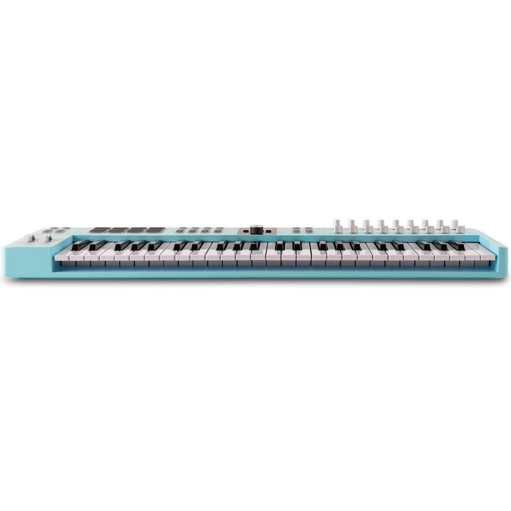 Arturia KeyLab Essential 49 MK3 MIDI keyboard with keys, control knobs, and connection ports for music production.
