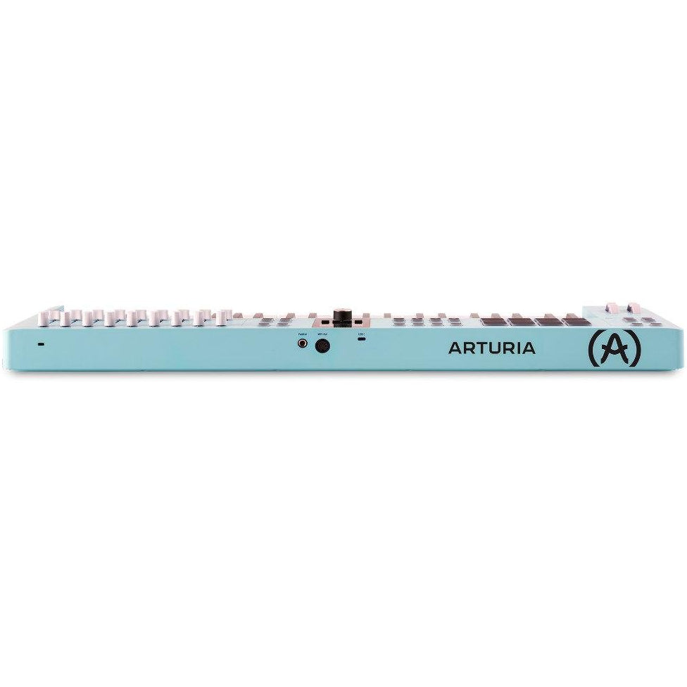 Arturia KeyLab Essential 49 MK3 MIDI keyboard with black keys, control knobs, and USB connection for music production.
