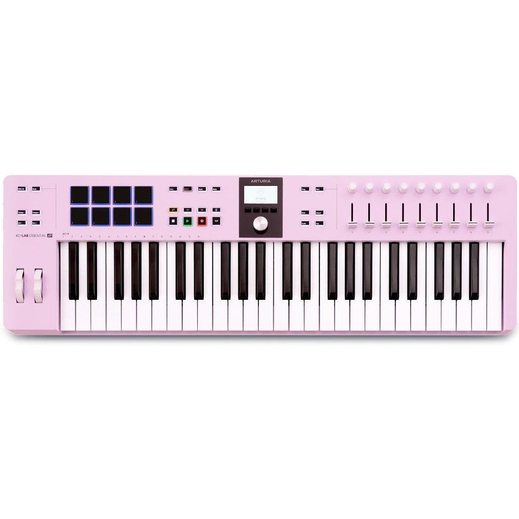 Arturia KeyLab Essential 49 MK3 MIDI keyboard with black keys, control knobs, and MIDI connectivity, designed for music production.