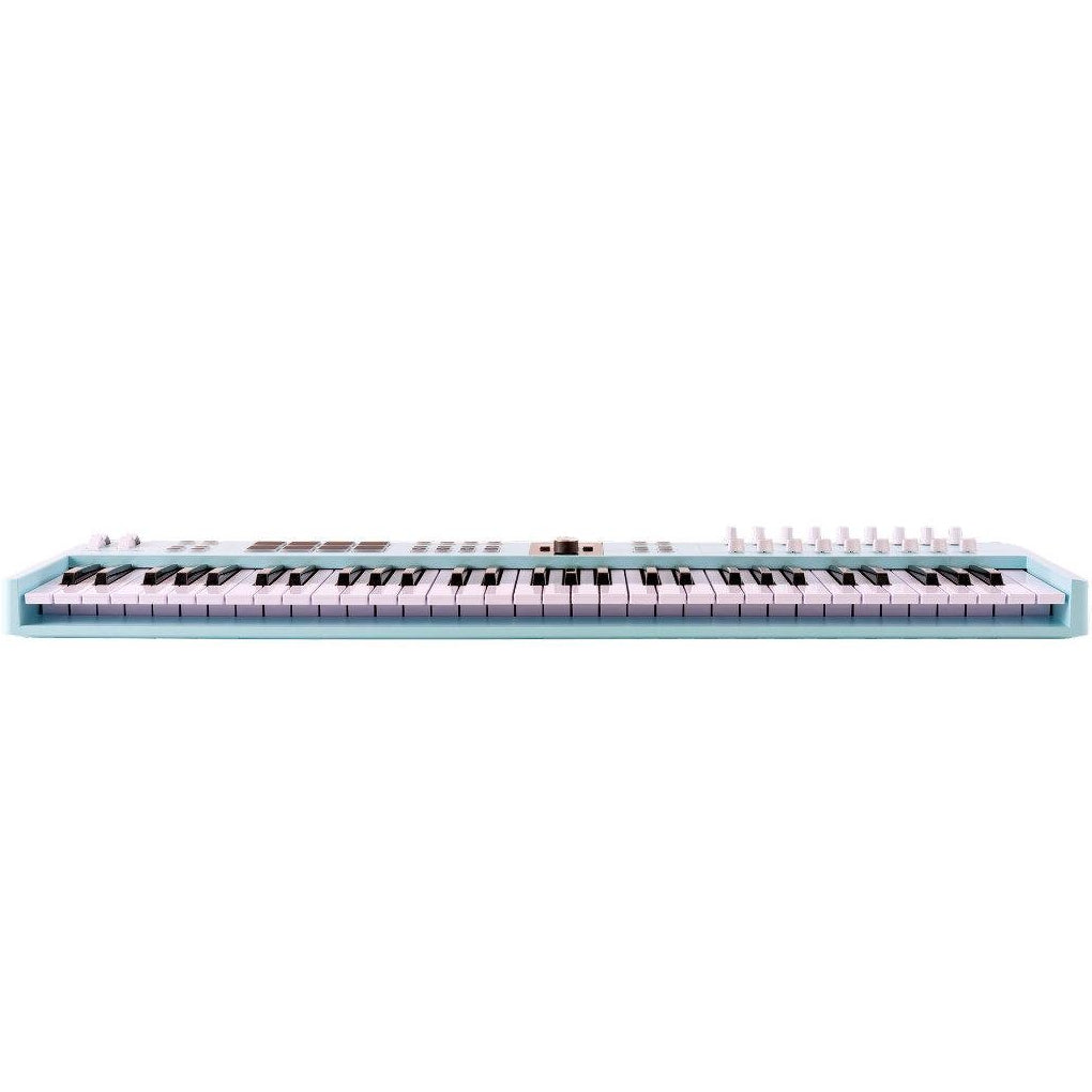 Arturia KeyLab Essential 61 MK3 MIDI keyboard with 61 keys, control knobs, and buttons for music production and studio use.