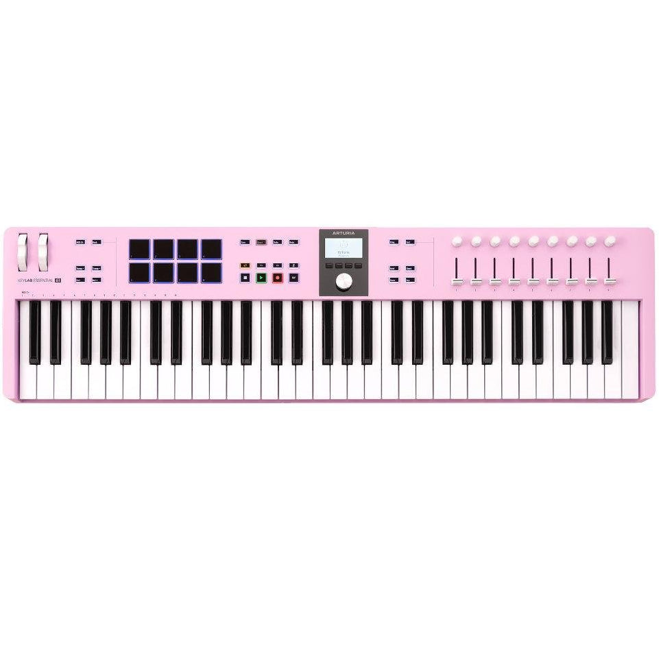 Arturia KeyLab Essential 61 MK3 MIDI keyboard with 61 keys, control knobs, and pads for music production and digital composition.