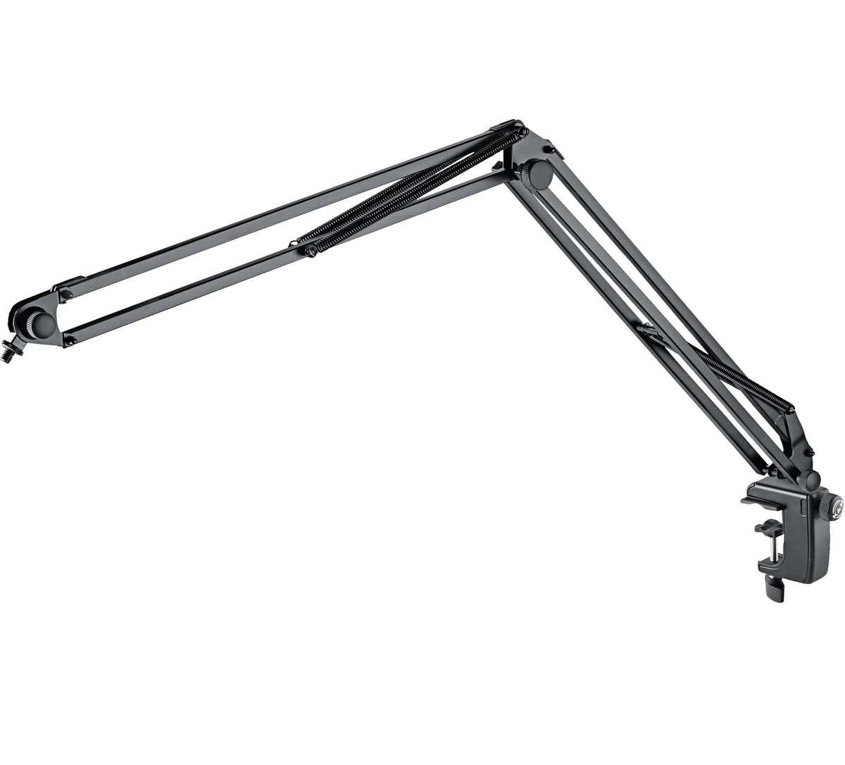 K&M 23840 broadcast microphone desk arm with adjustable joints and mounting clamp for professional audio setups