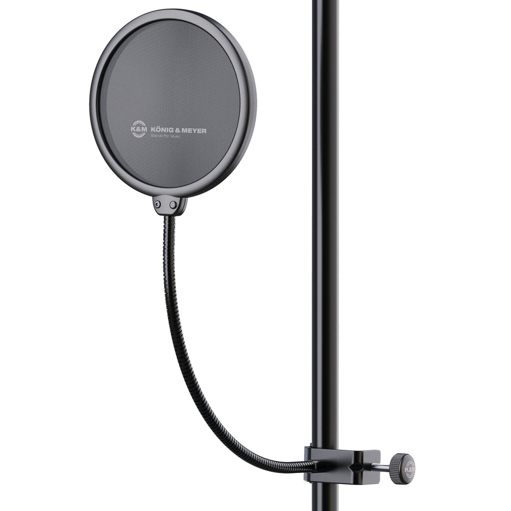 K&M 23956 Popkiller microphone pop filter with foam screen for vocal recording and sound protection.