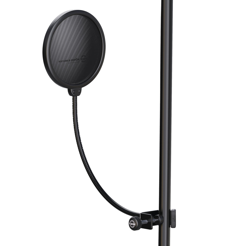 K&M 23956 Popkiller microphone pop filter with mesh screen and adjustable arm for vocal recording and broadcasting.