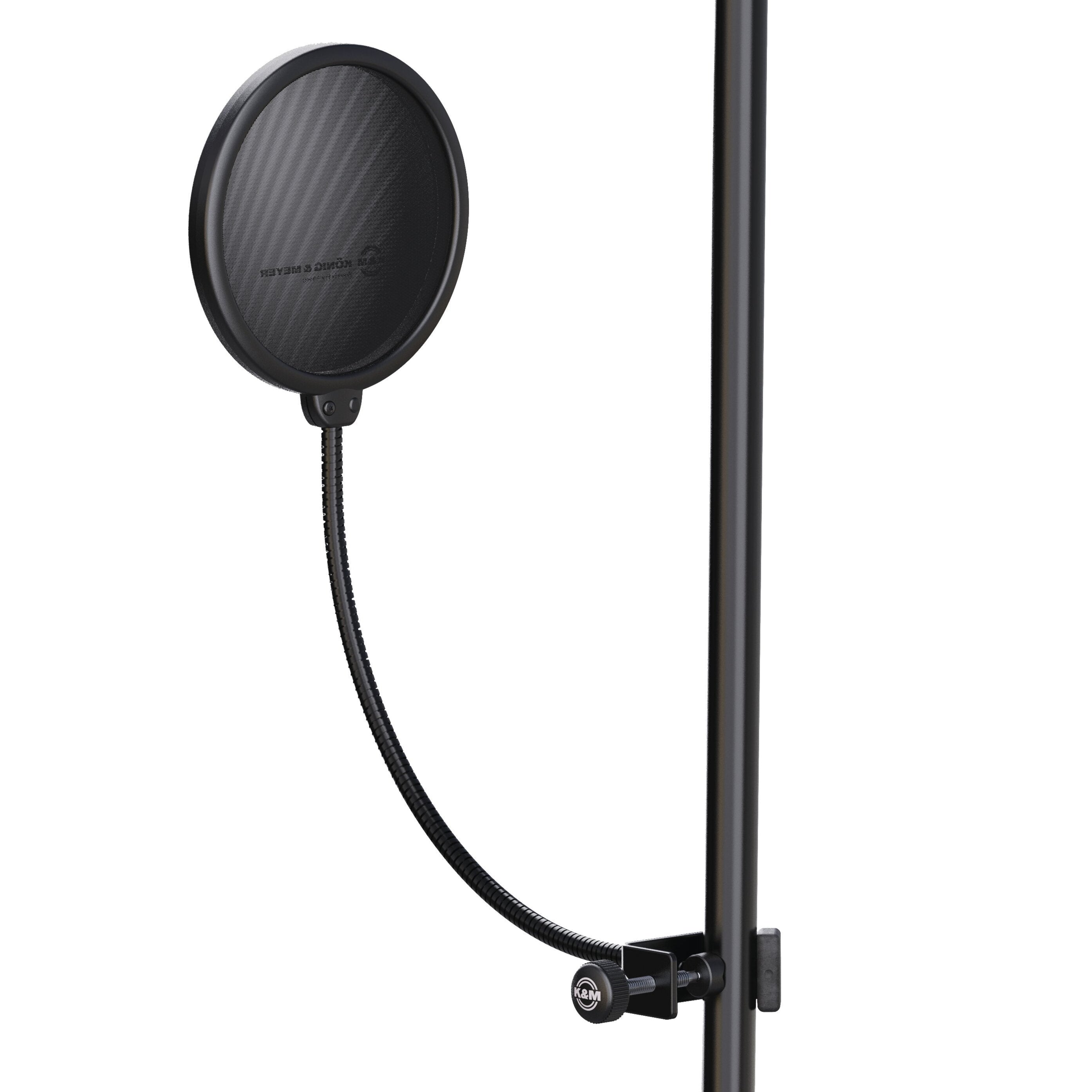 K&M 23956 Popkiller microphone pop filter with mesh screen and adjustable arm for vocal recording and broadcasting.