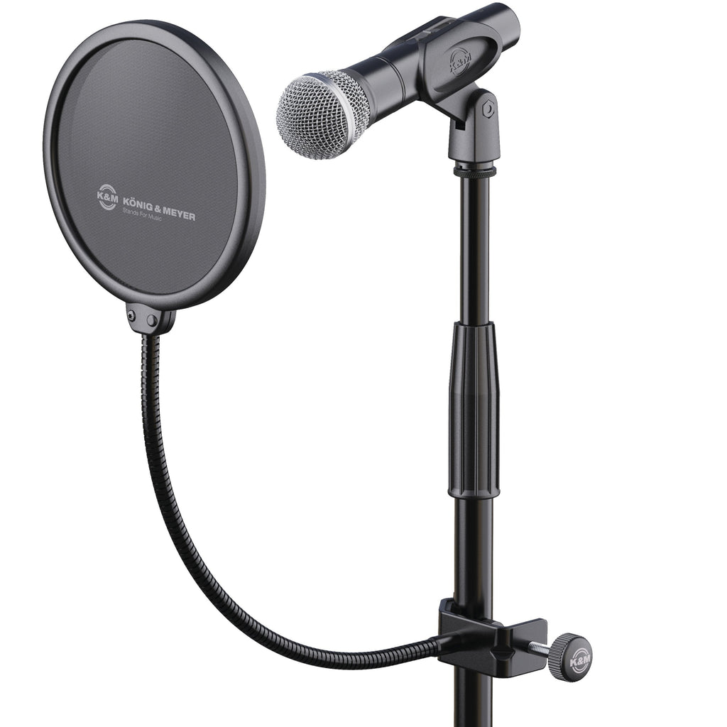 K&M 23956 Popkiller microphone pop filter with black mesh screen and adjustable arm for vocal recording.