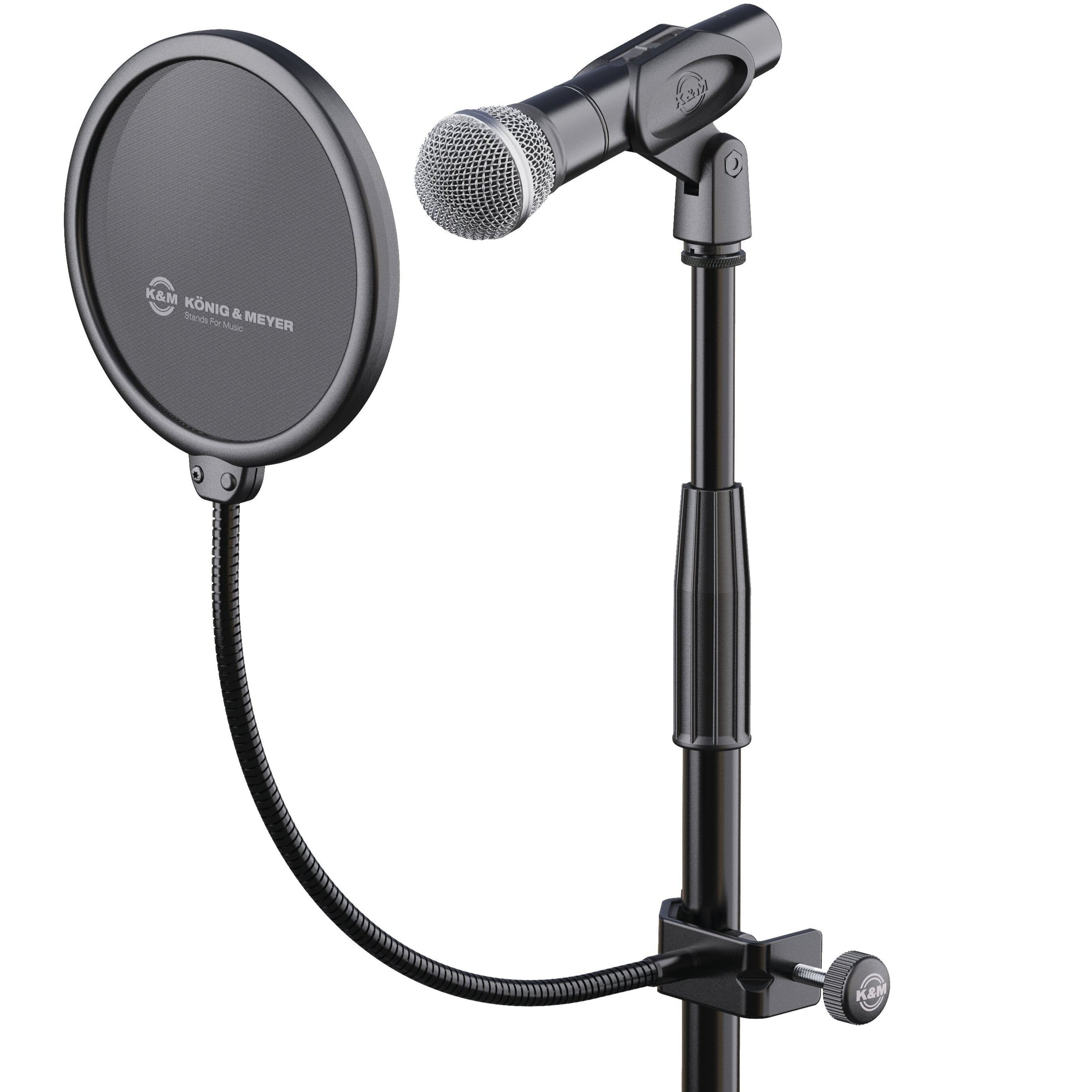 K&M 23956 Popkiller microphone pop filter with black mesh screen and adjustable arm for vocal recording.
