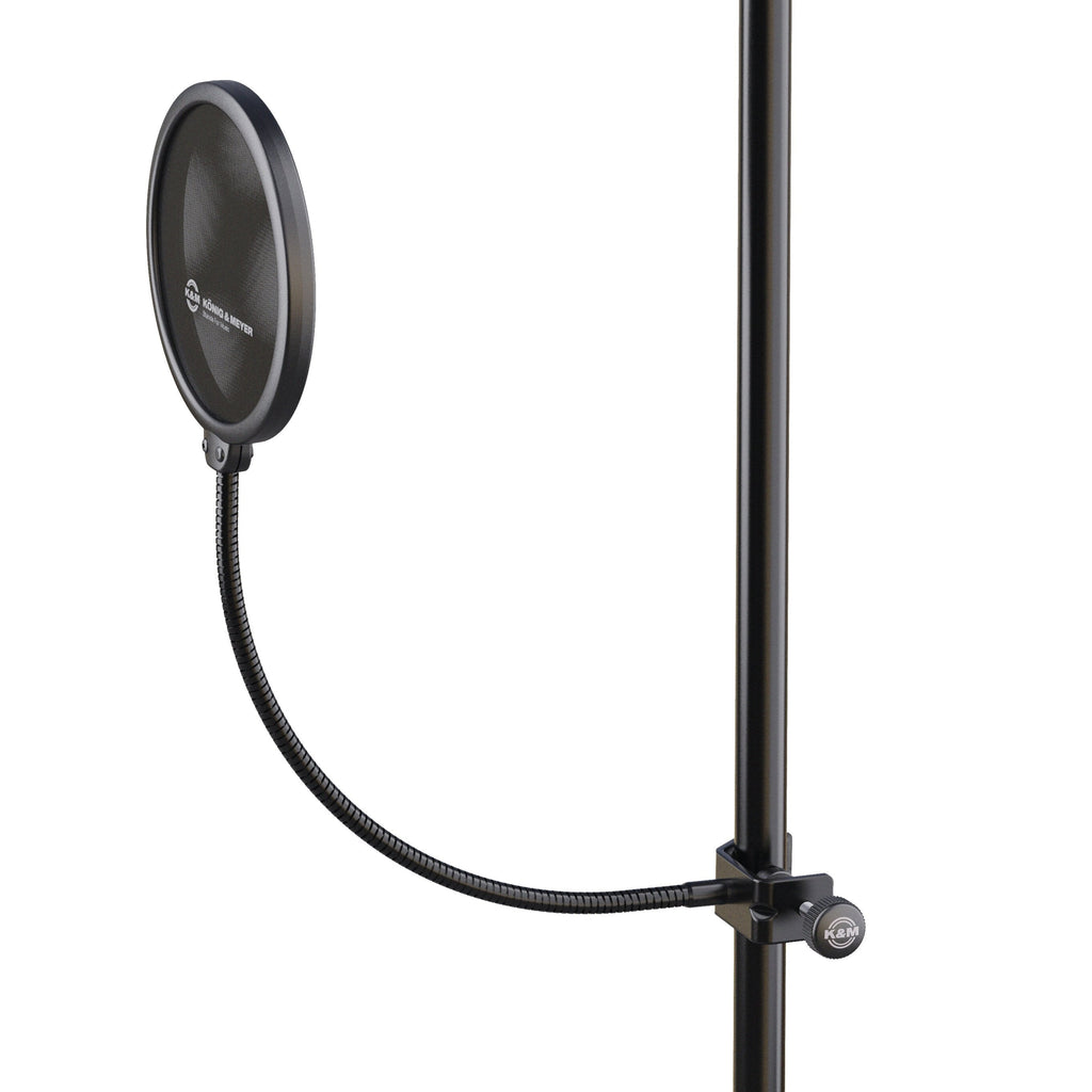 K&M 23956 Popkiller microphone pop filter with mesh screen and adjustable arm for vocal recording.