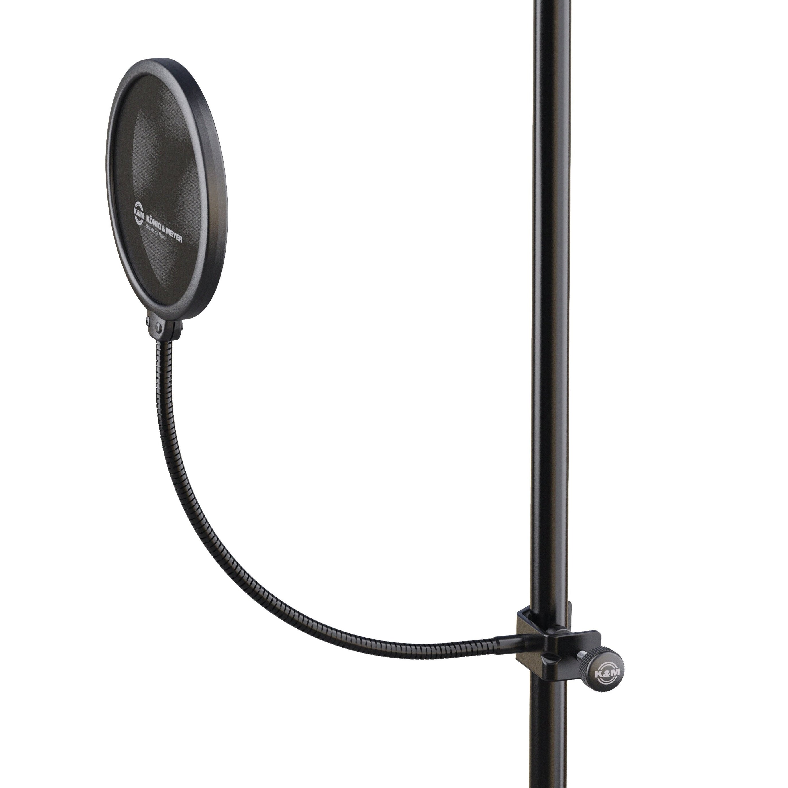 K&M 23956 Popkiller microphone pop filter with mesh screen and adjustable arm for vocal recording.