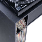 Glorious Modular Mix Station DJ table with sleek black surface and sturdy metal frame, ideal for professional music mixing setups.