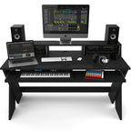Glorious Sound Desk Pro studio furniture with sleek wooden surface and adjustable metal legs for professional music production.