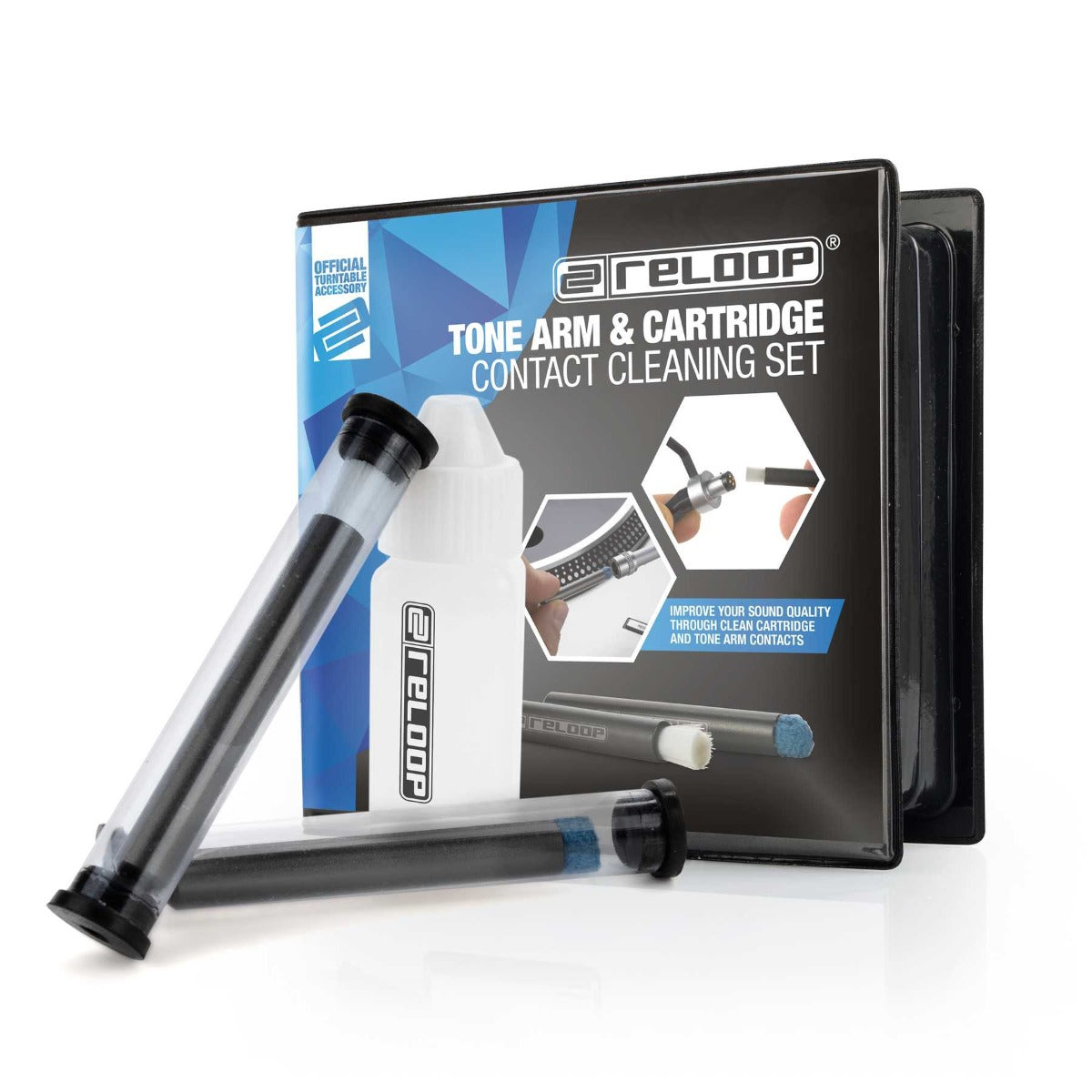 Reloop cartridge contact cleaning set with brushes and tools for maintaining tonearm and cartridge performance.