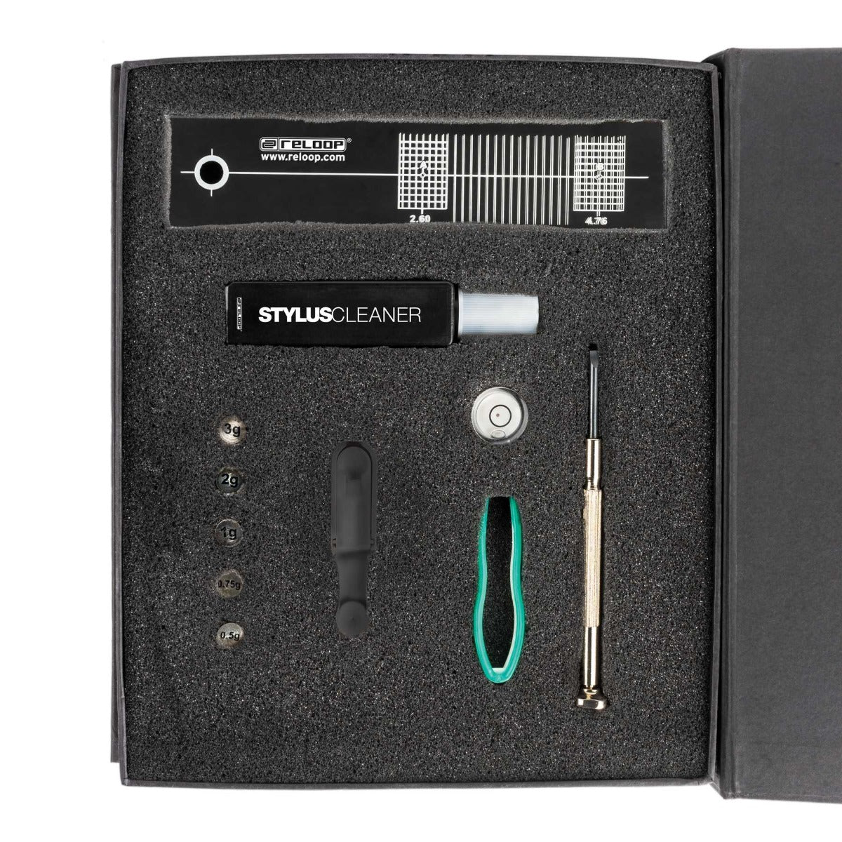 Reloop turntable cartridge mount and gauge set for accurate alignment, compatible with DJ turntables and accessories.