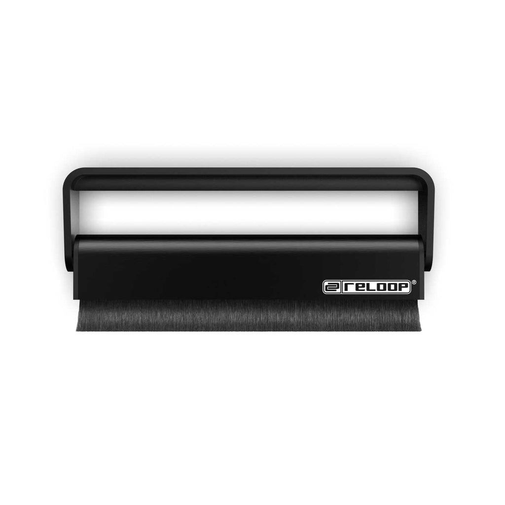 Reloop Premium Carbon Fibre Record Brush for cleaning vinyl records, showing the sleek black brush with carbon fiber bristles.