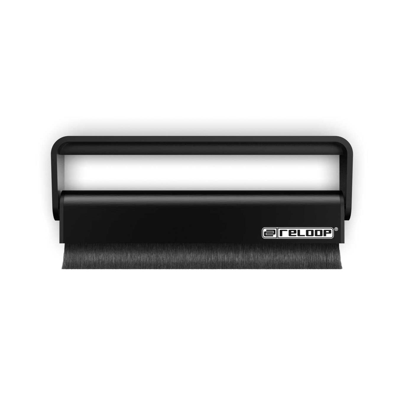 Reloop Premium Carbon Fibre Record Brush for cleaning vinyl records, showing the sleek black brush with carbon fiber bristles.