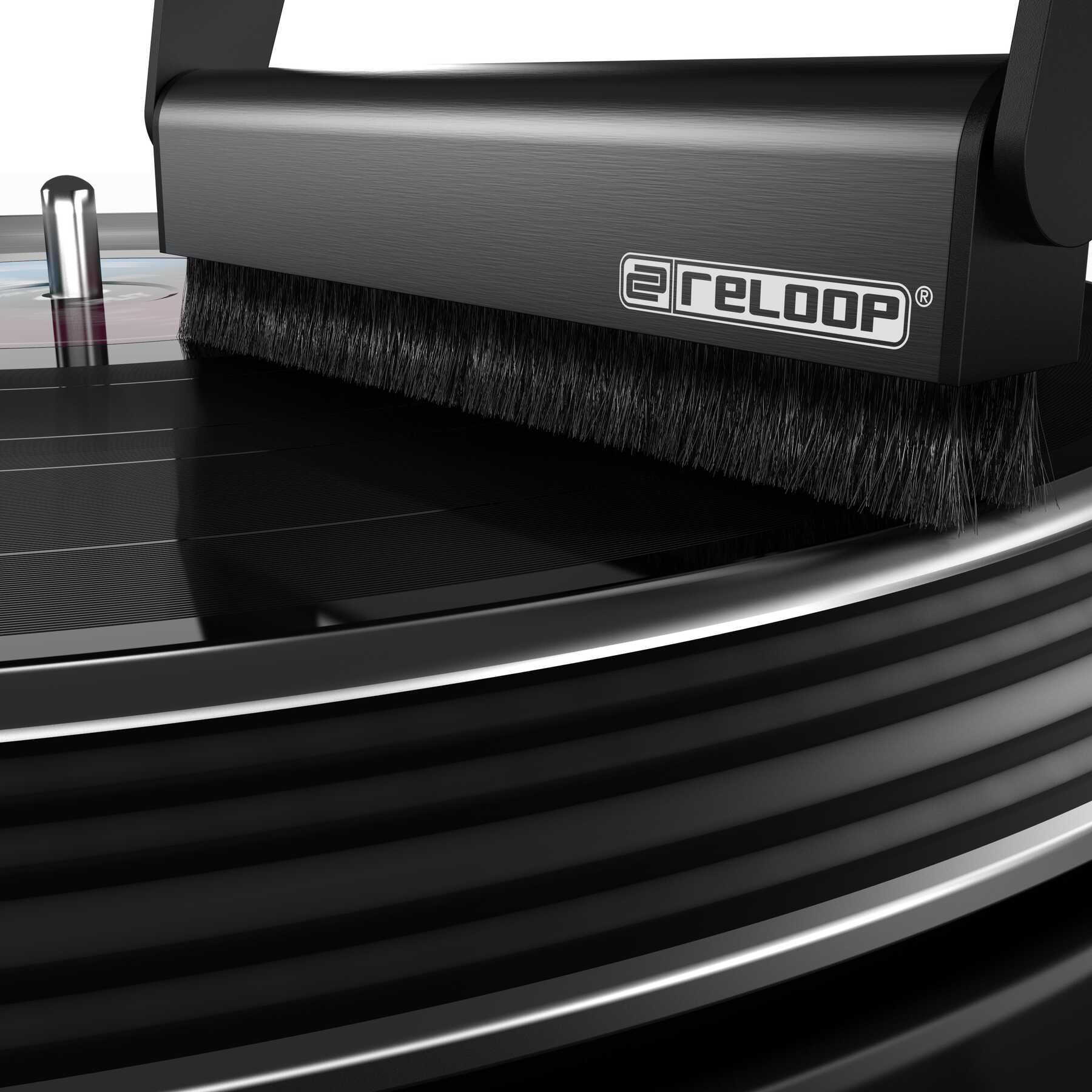 Reloop Premium Carbon Fibre Record Brush for cleaning vinyl records, featuring durable carbon fiber bristles.