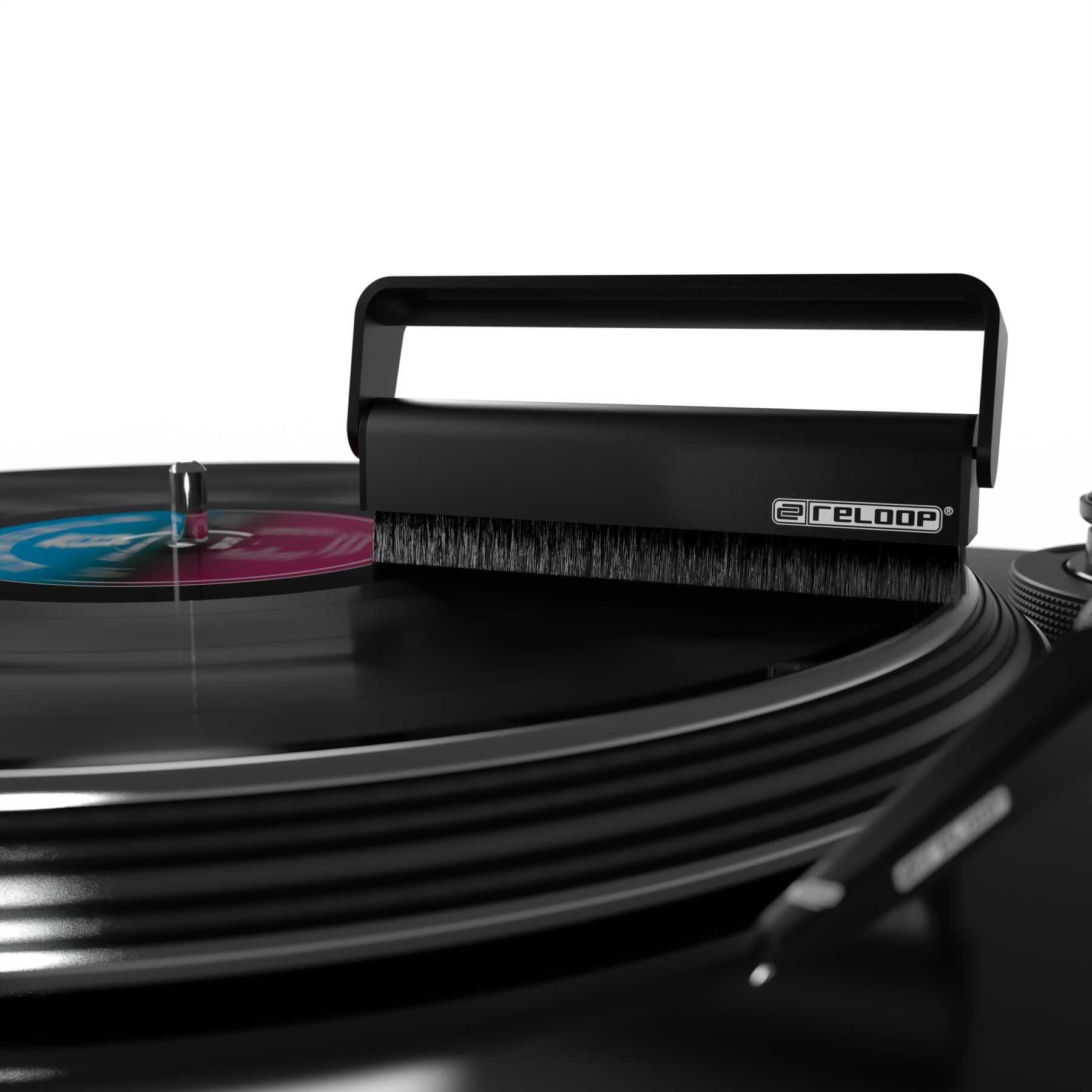 Reloop Premium Carbon Fibre Record Brush for cleaning vinyl records, featuring a sleek black design and soft bristles.
