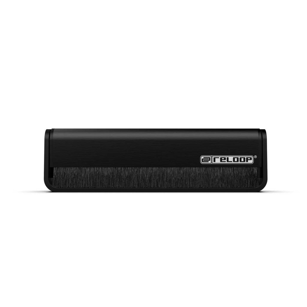 Reloop premium carbon fibre record brush for cleaning vinyl records, showing the sleek black brush with handle and carbon fibre bristles.