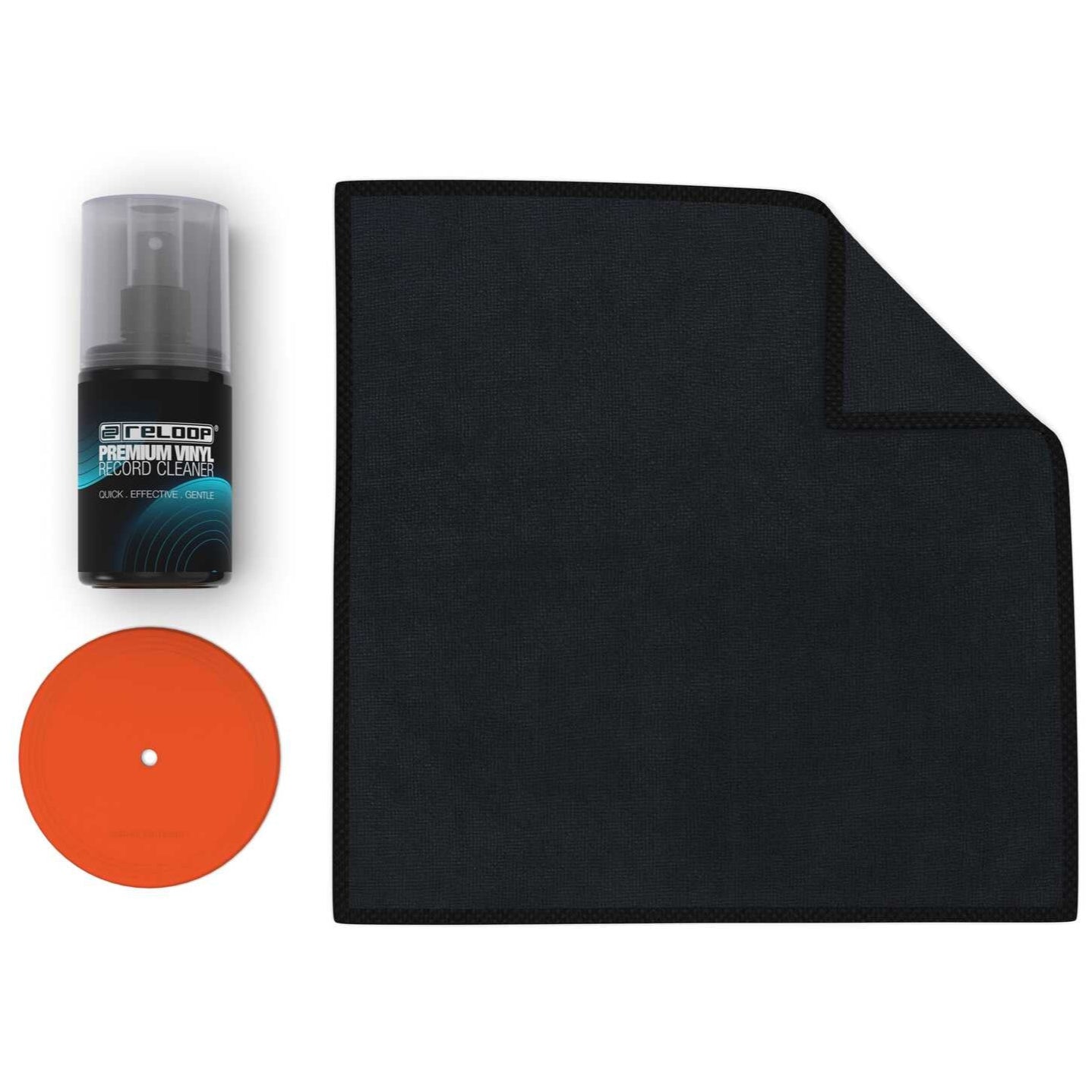 Reloop Premium 3-in-1 record care set with record brushes and cleaning tools for vinyl record maintenance.