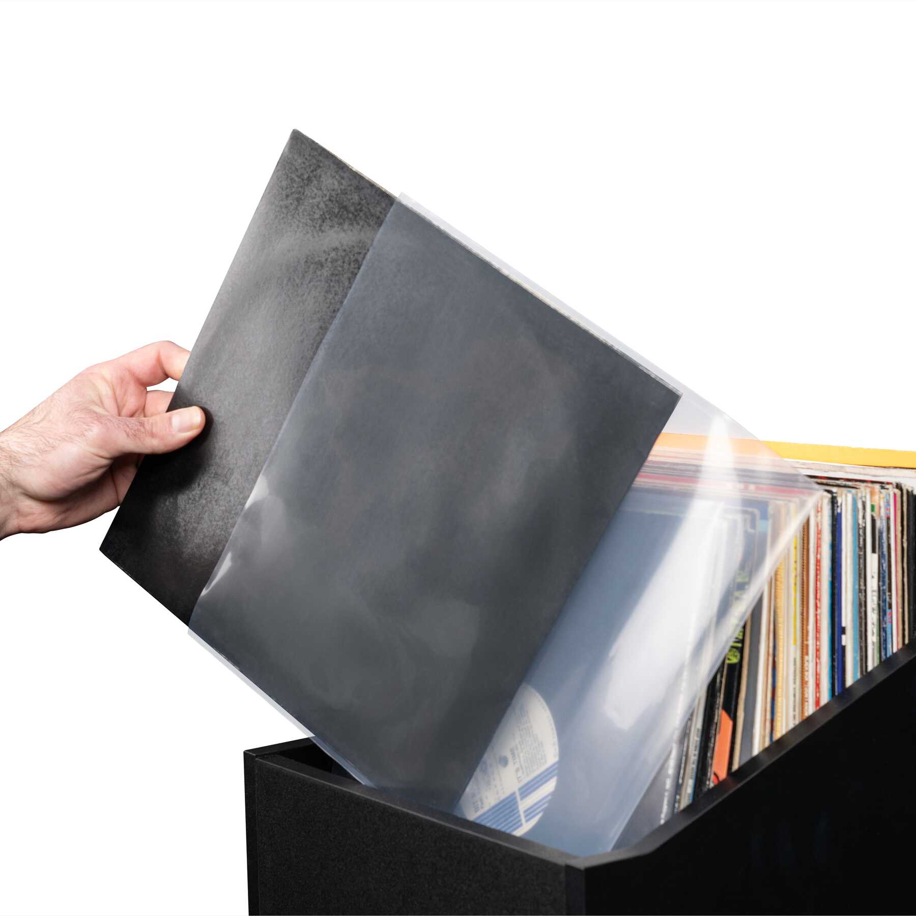 Set of 100 Reloop Premium 12-inch vinyl LP record sleeves shown, durable protective outer sleeves for vinyl records.