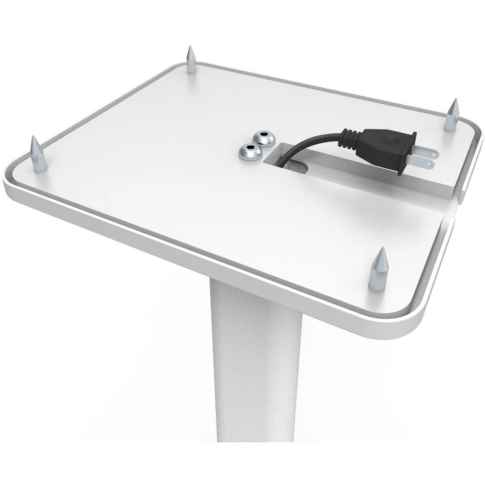 Kanto Audio SP26 26-inch white speaker stands holding speakers, with a sturdy metal frame and adjustable height.