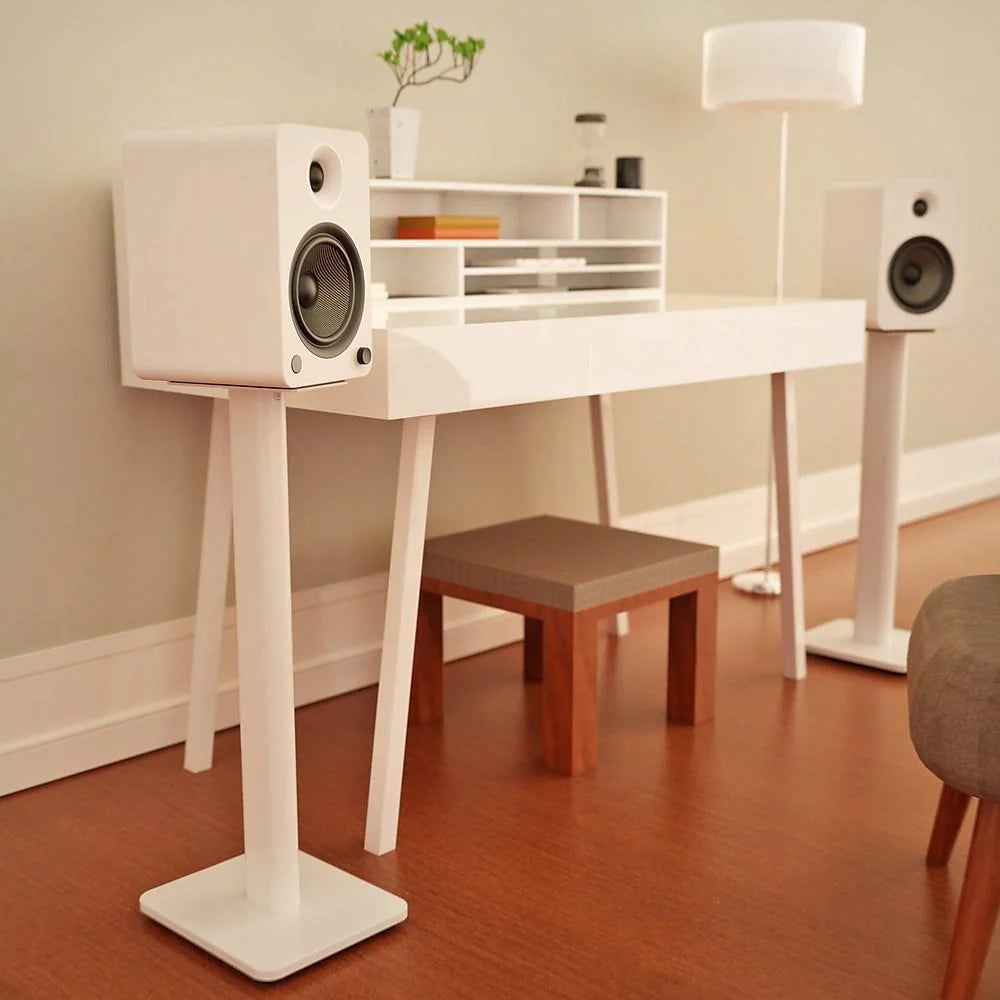 Kanto Audio SP26 26-inch white speaker stands with sturdy metal construction and adjustable height for optimal sound placement