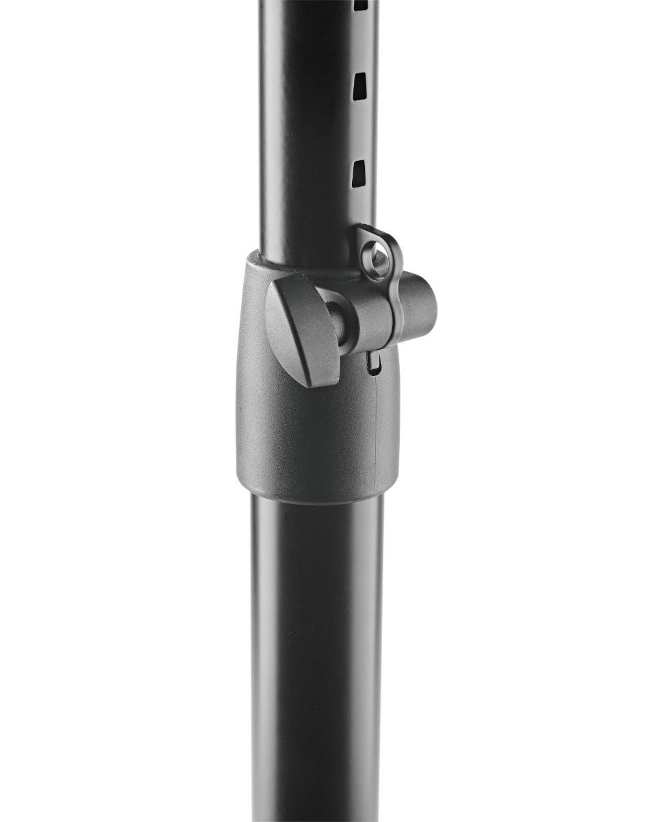 K&M 26720 studio monitor stands with adjustable height and sturdy black metal construction for professional audio setup.