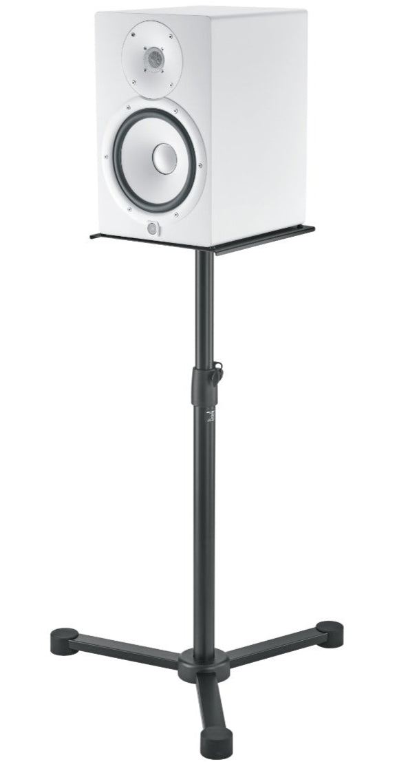 K&M 26722 monitor stand for studio monitors, with adjustable height and sturdy metal construction.