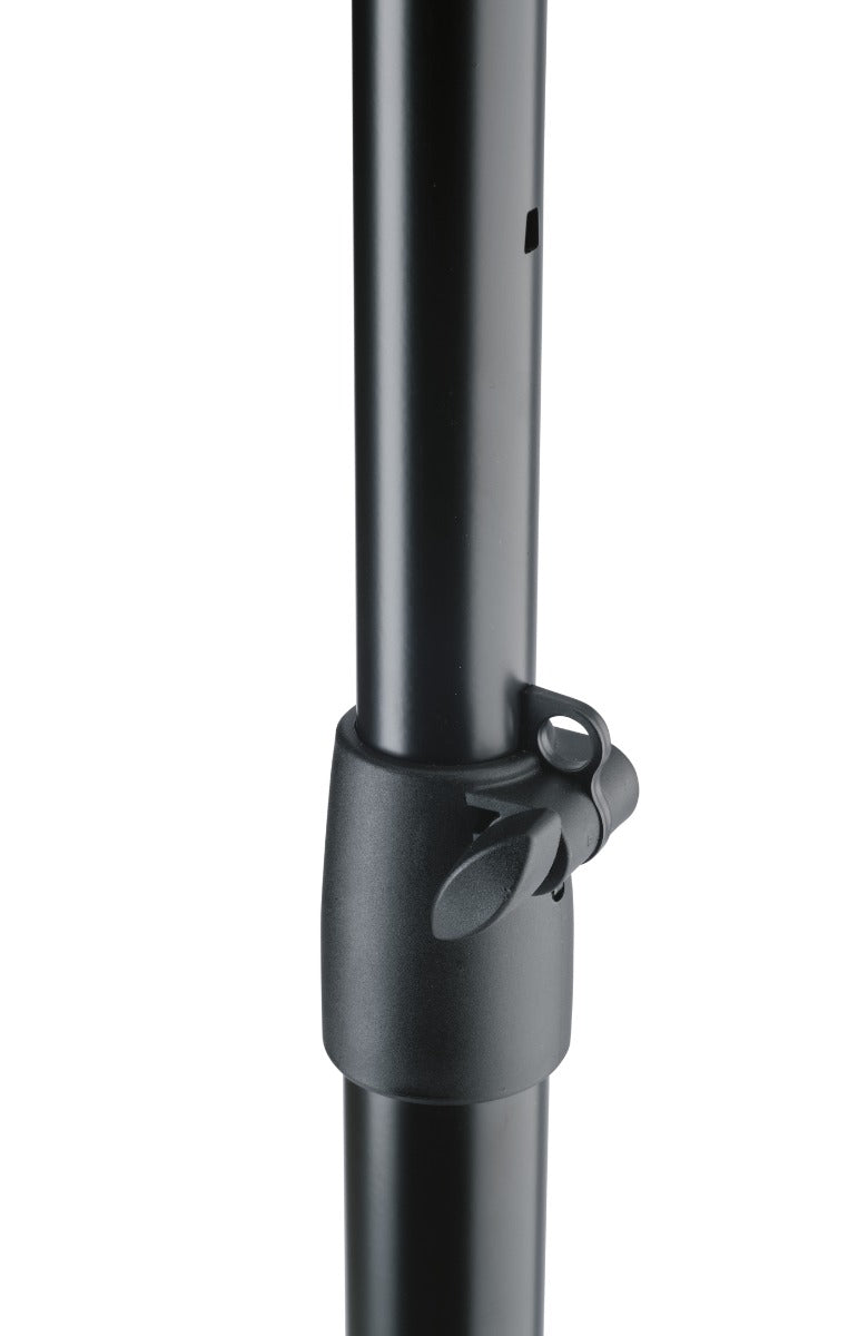 K&M 26740 studio monitor stands with adjustable height and sturdy metal construction for professional audio setup.