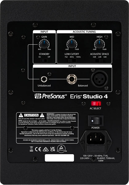 Presonus Eris Studio 4 active nearfield monitors, front view showing black speaker cabinets and control knobs.