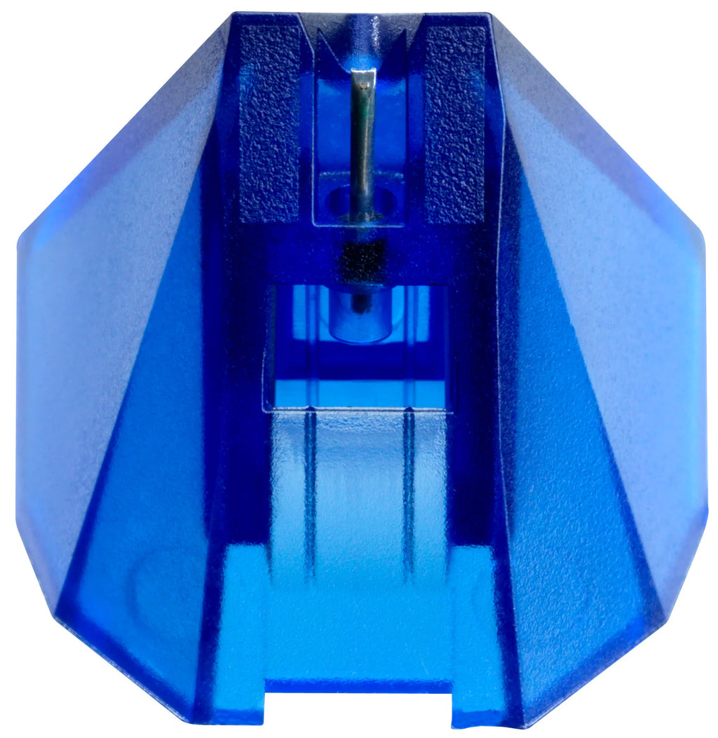 Ortofon 2M Blue turntable stylus with blue stylus tip and cartridge, designed for high-quality vinyl playback.