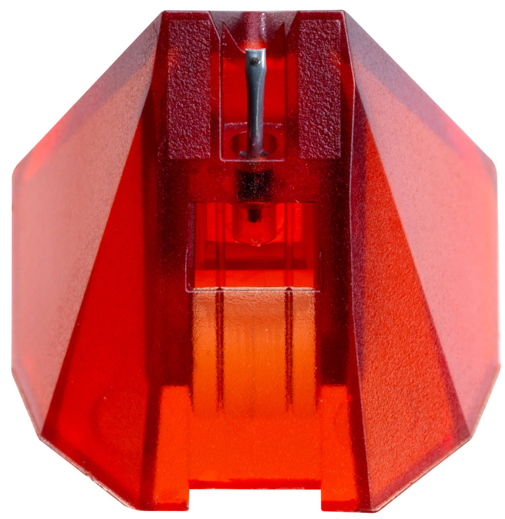 Ortofon 2M Red turntable stylus shown from the bottom, designed for vinyl record players with red stylus tip and metal components.