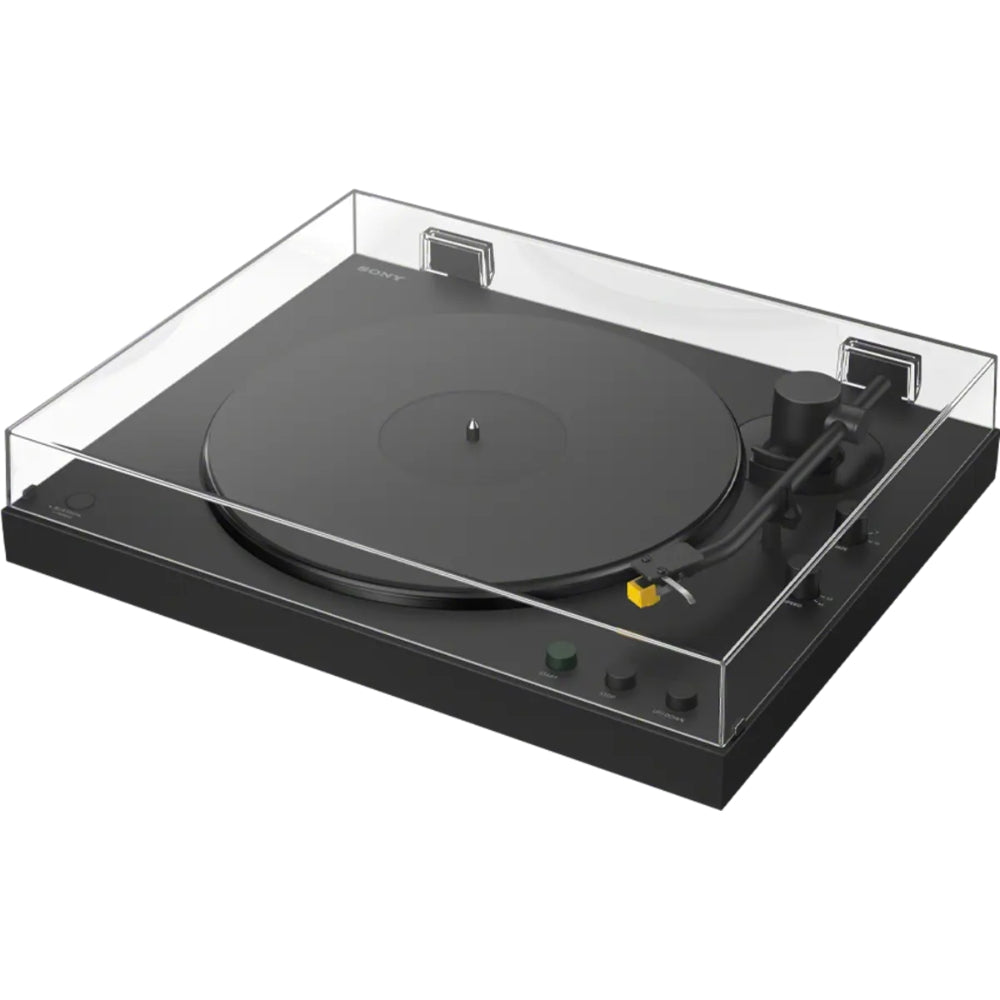 Sony PS-LX5BT turntable with a sleek black design, featuring a tonearm and control buttons visible on the surface.