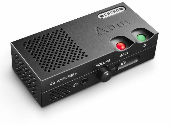 Chord Electronics Anni stereo amplifier with sleek black design and control knobs, showcasing high-end audio equipment.