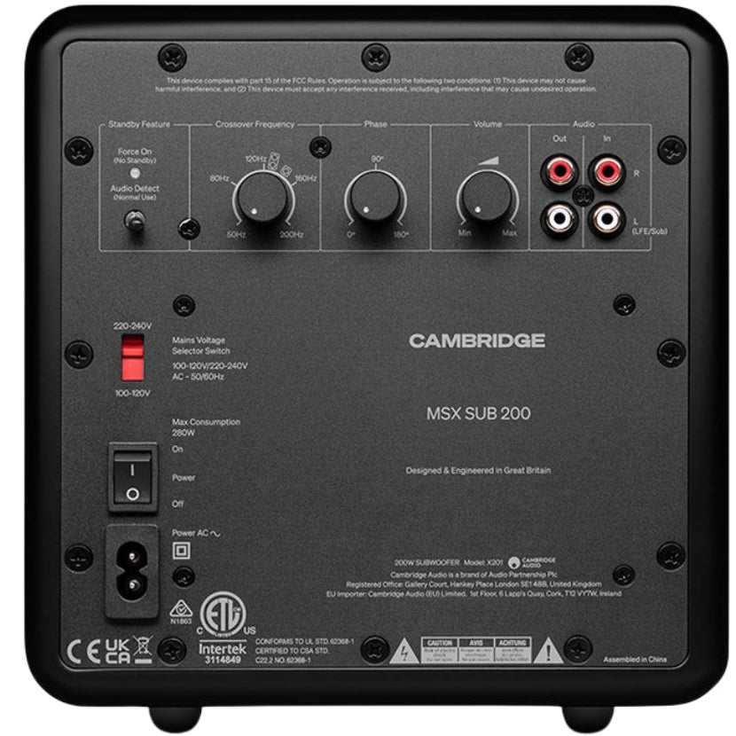 Cambridge Audio MSX Sub 200 subwoofer with sleek black enclosure and adjustable controls for deep bass sound.