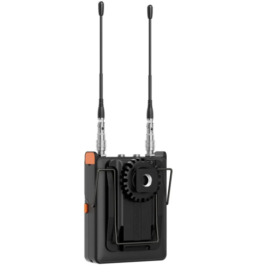 Saramonic K9 professional wireless microphone system with transmitter and receiver units, compact and portable for audio recording.