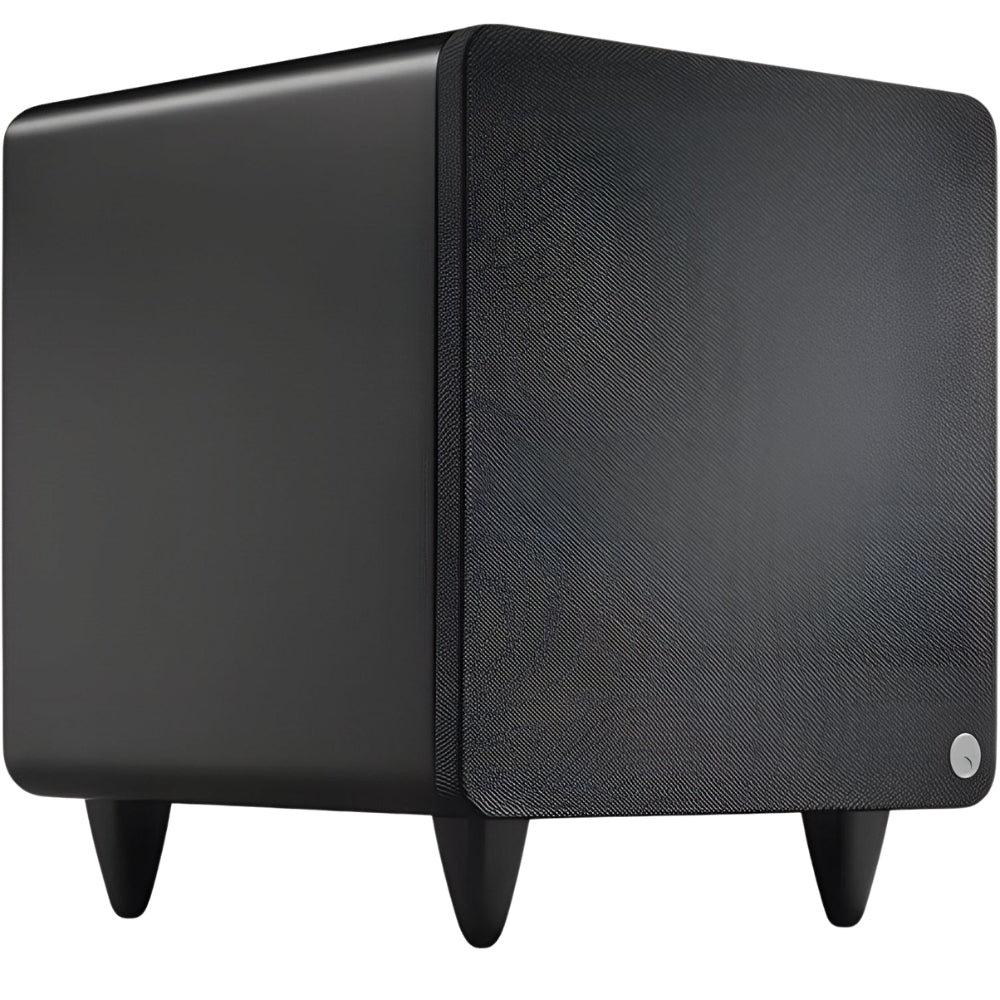 Cambridge Audio MSX Sub 300 subwoofer with sleek black enclosure and speaker grille, designed for deep bass sound.